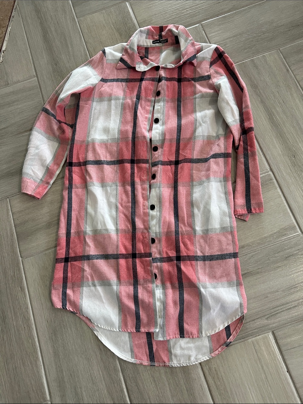 SHEIN Pink White Plaid Button-Up Cardigan